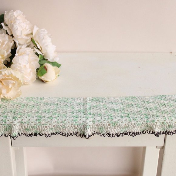 Vintage Crochet Doily in Green and White And Black,  Long Table Scarf, Woven - Picture 8 of 10